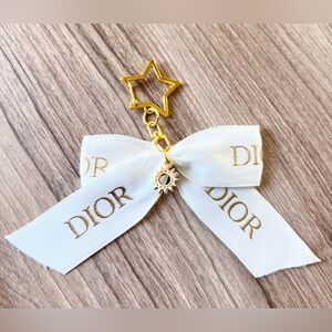 ✨ Dior Keychain Ribbon Gold + White Satin Bow Star Charm Keyfob✨